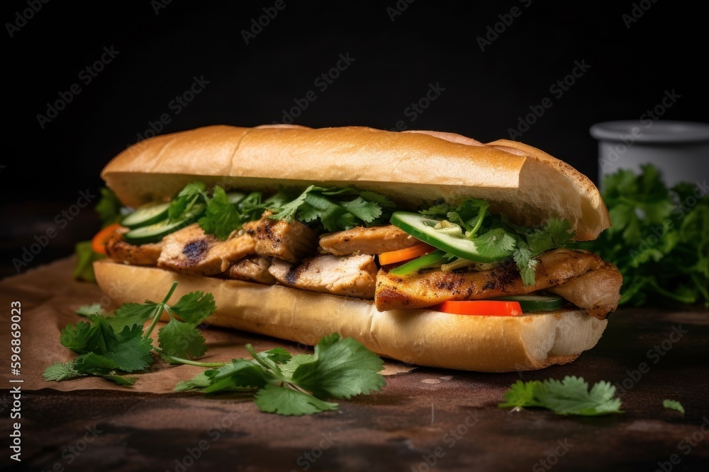 banh mi with grilled chicken and a variety of fresh herbs banh mi with grilled chicken and a variety of fresh herbs