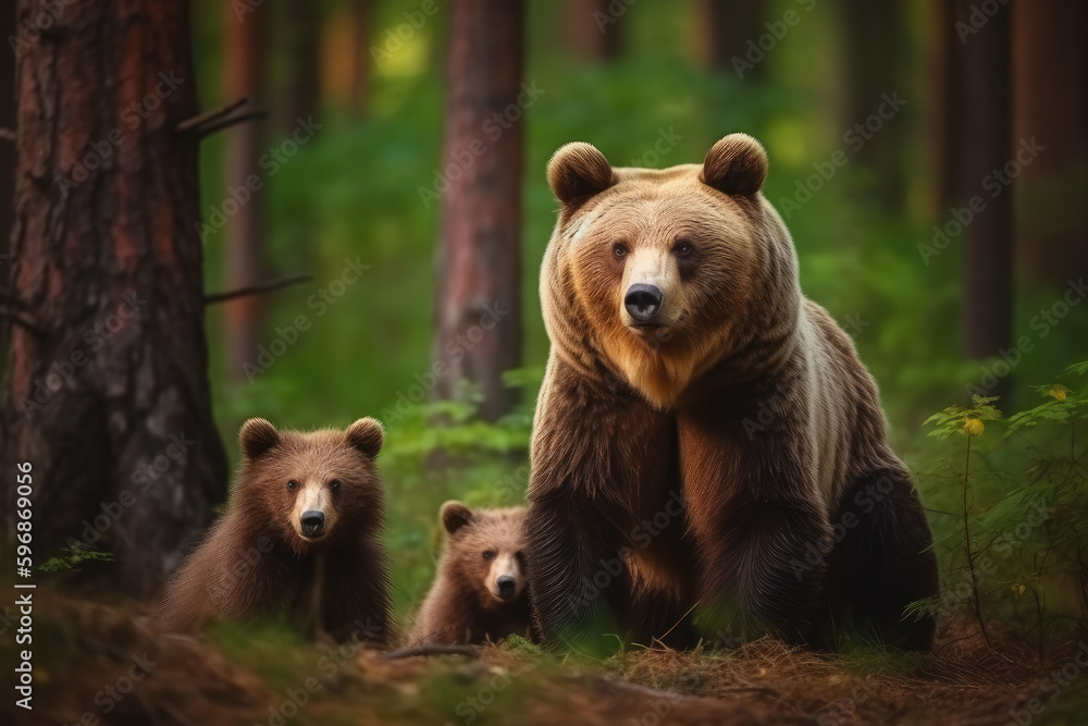 mother bear with her cubs looking at the camera, ai generated. mother bear with her cubs looking at the camera, ai generated.