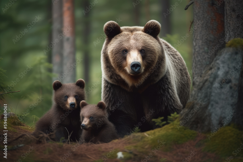 Fototapeta premium mother bear with her cubs looking at the camera, ai generated.
