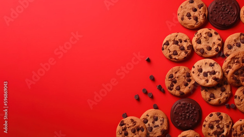 Cookies homemade chocolate chips on red background in top view with copy space (AI Generated)