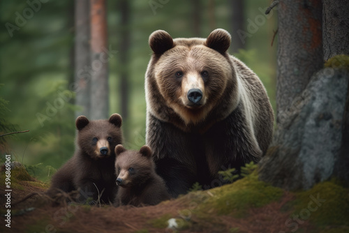 mother bear with her cubs looking at the camera, ai generated.