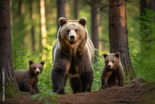 mother bear with her cubs looking at the camera, ai generated.