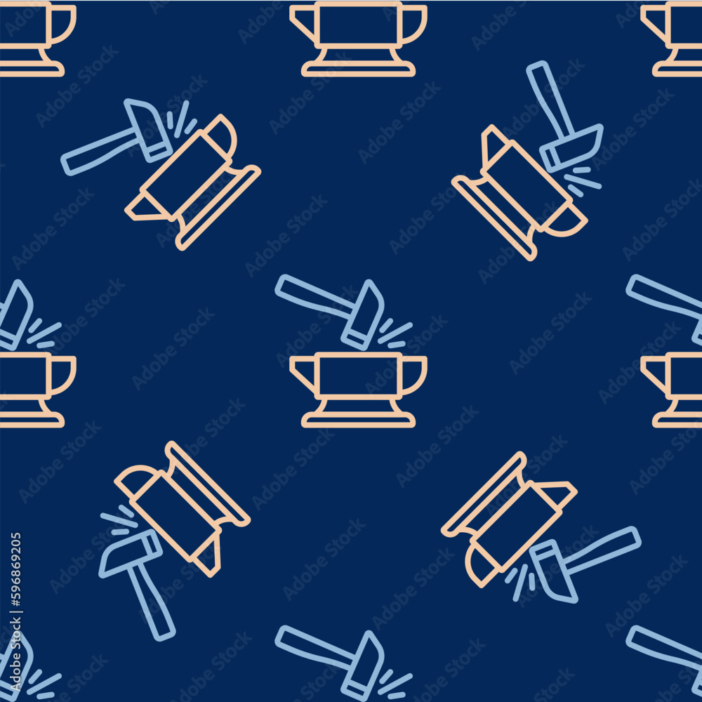 Line Blacksmith anvil tool and hammer icon isolated seamless pattern on blue background. Metal forging. Forge tool. Vector Line Blacksmith anvil tool and hammer icon isolated seamless pattern on blue background. Metal forging. Forge tool. Vector