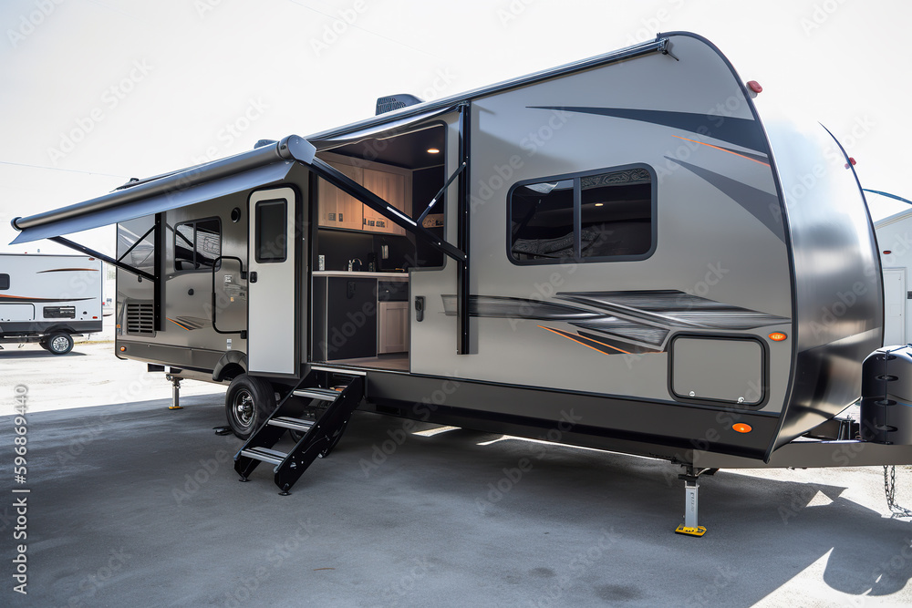 Photo of a sleek silver and black RV parked in a spacious parking lot Photo of a sleek silver and black RV parked in a spacious parking lot