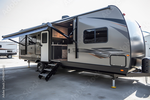 Photo of a sleek silver and black RV parked in a spacious parking lot