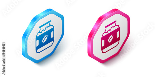 Isometric Coffee jar bottle icon isolated on white background. Hexagon button. Vector