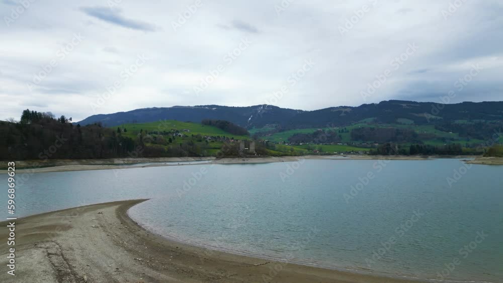 Beautiful Lake Gruyere in Switzerland from above - aerial view by drone Beautiful Lake Gruyere in Switzerland from above - aerial view by drone