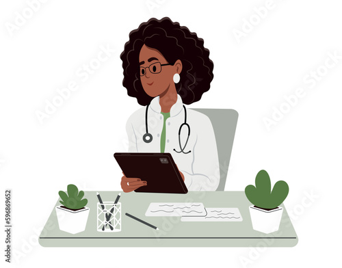 Management schedule. Doctor black woman plans and organizes the working day, appoints consultations in the calendar and creates a list of patients.