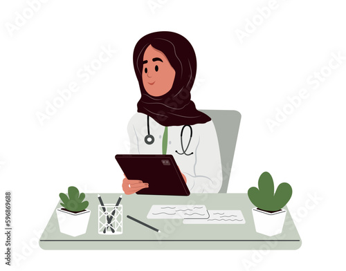 Management schedule. Muslim woman is a doctor plans and organizes the working day, appoints consultations in the calendar and creates a list of patients.