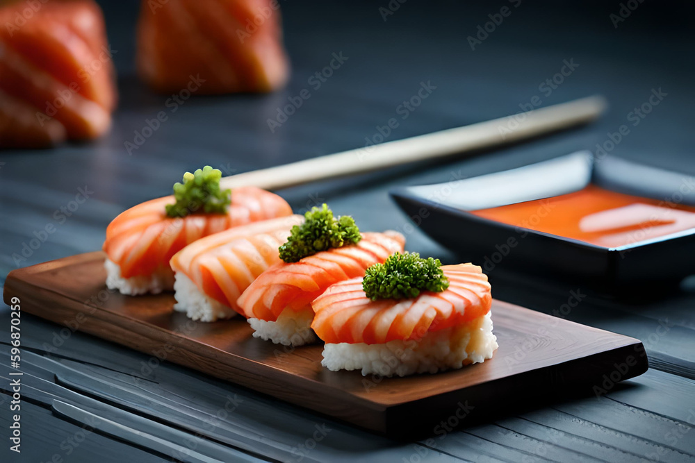 Meticulously Arranged Sushi Platter with Fresh, Vibrant Ingredients and Mouthwatering Presentation with Generative AI Meticulously Arranged Sushi Platter with Fresh, Vibrant Ingredients and Mouthwatering Presentation with Generative AI