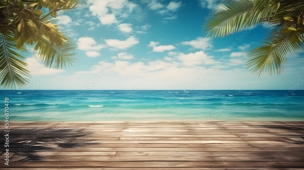 Summer tropical sea with waves, palm leaves and blue sky with clouds. Perfect holiday landscape with empty wooden table. A wooden deck with a view of the ocean. Summer tropical sea with waves, palm leaves and blue sky with clouds. Perfect holiday landscape with empty wooden table. A wooden deck with a view of the ocean.