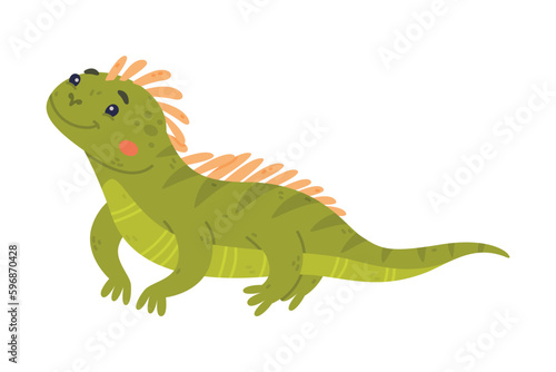 Funny Green Iguana Character with Scales Sitting and Smiling Vector Illustration