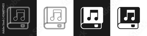 Set Audio book icon isolated on black and white background. Musical note with book. Audio guide sign. Online learning concept. Vector