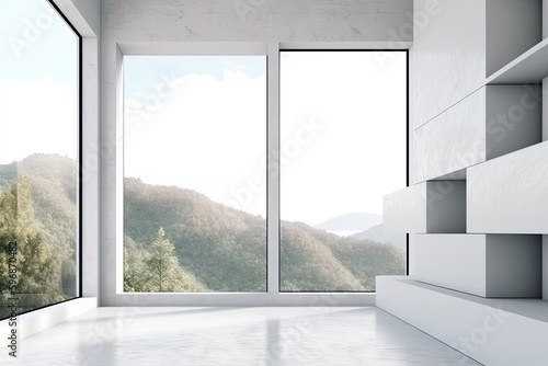 an empty room with a panoramic view of a majestic mountain range. Generative AI