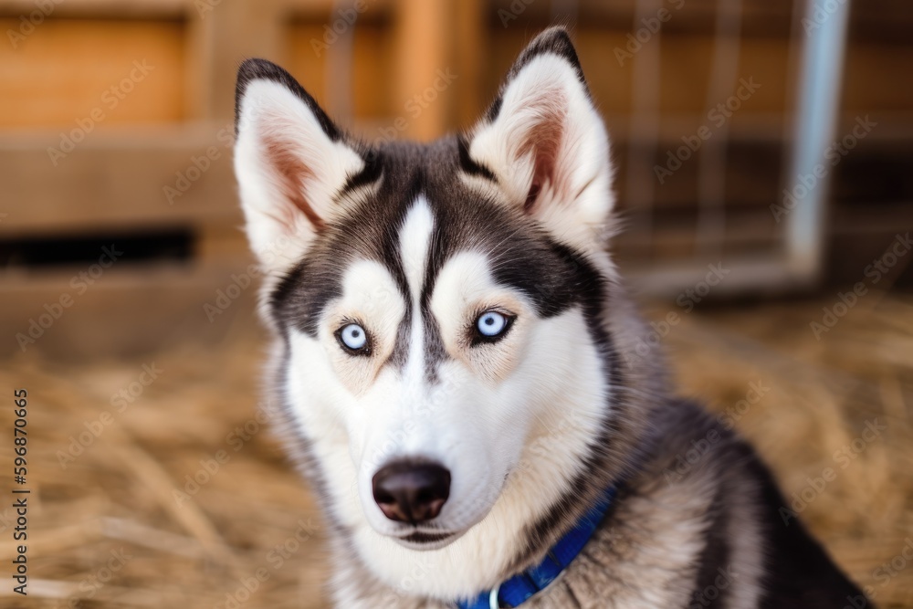 beautiful husky dog with piercing blue eyes sitting in a bed of hay. Generative AI