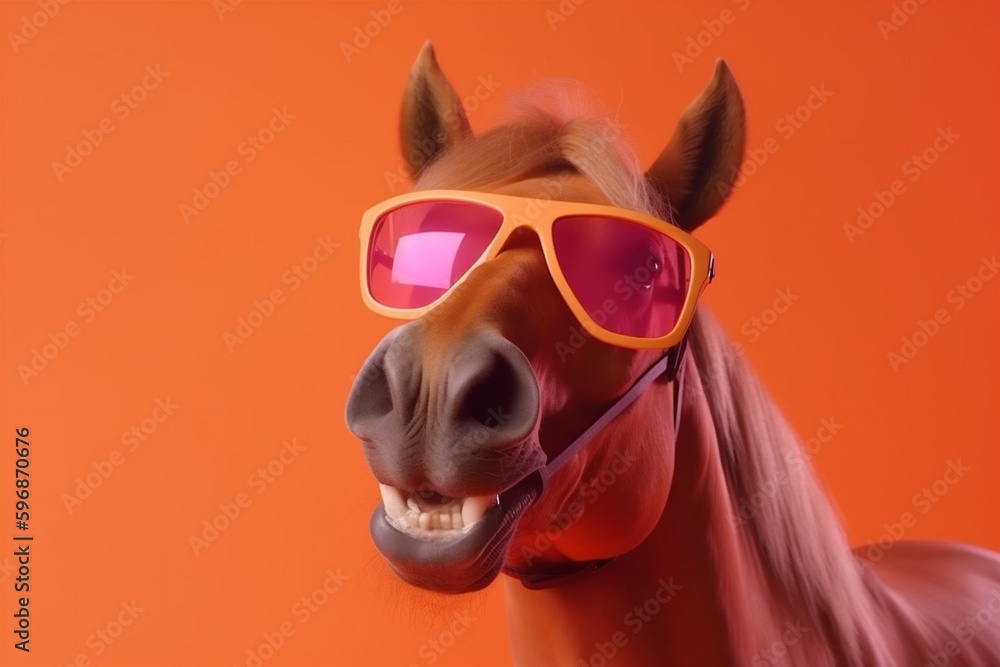 Naklejka premium smile pet background animal goggles funny horse portrait sunglasses fun colourful. Generative AI.