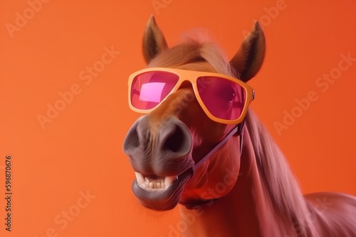 smile pet background animal goggles funny horse portrait sunglasses fun colourful. Generative AI.