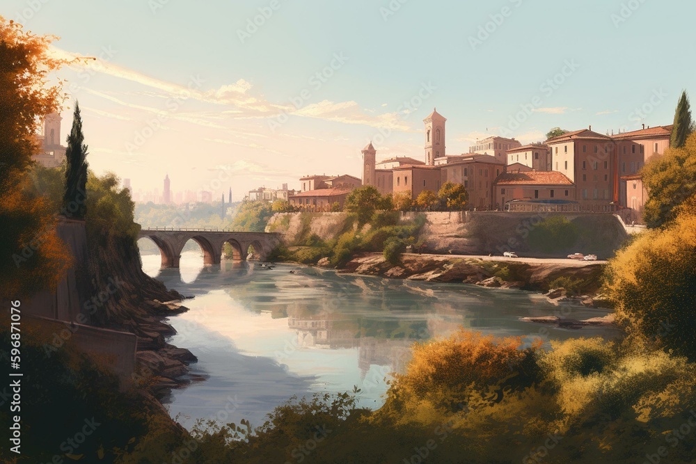 An illustrated painting of the landscape in Verona city. Generative AI