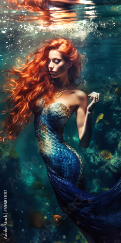 Mermaid in the water. Fantasy illustration. Generative AI