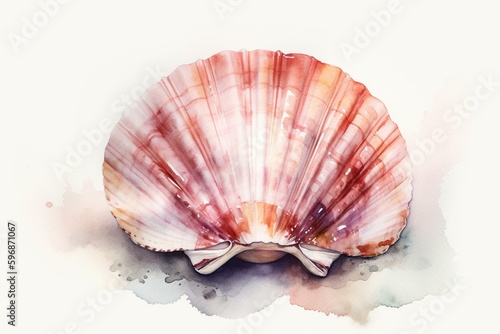Watercolor illustration of isolated pink scallop shell on white background. Generative AI