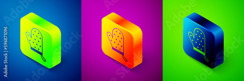 Isometric Oven glove icon isolated on blue, purple and green background. Kitchen potholder sign. Cooking glove. Square button. Vector