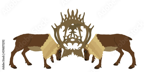 Deer battle vector illustration isolated on white background. Reindeer powerful buck with huge antlers. Rein deer fighting for female. Struggle in forest. Zoo animal nature. Christmas holiday symbol.