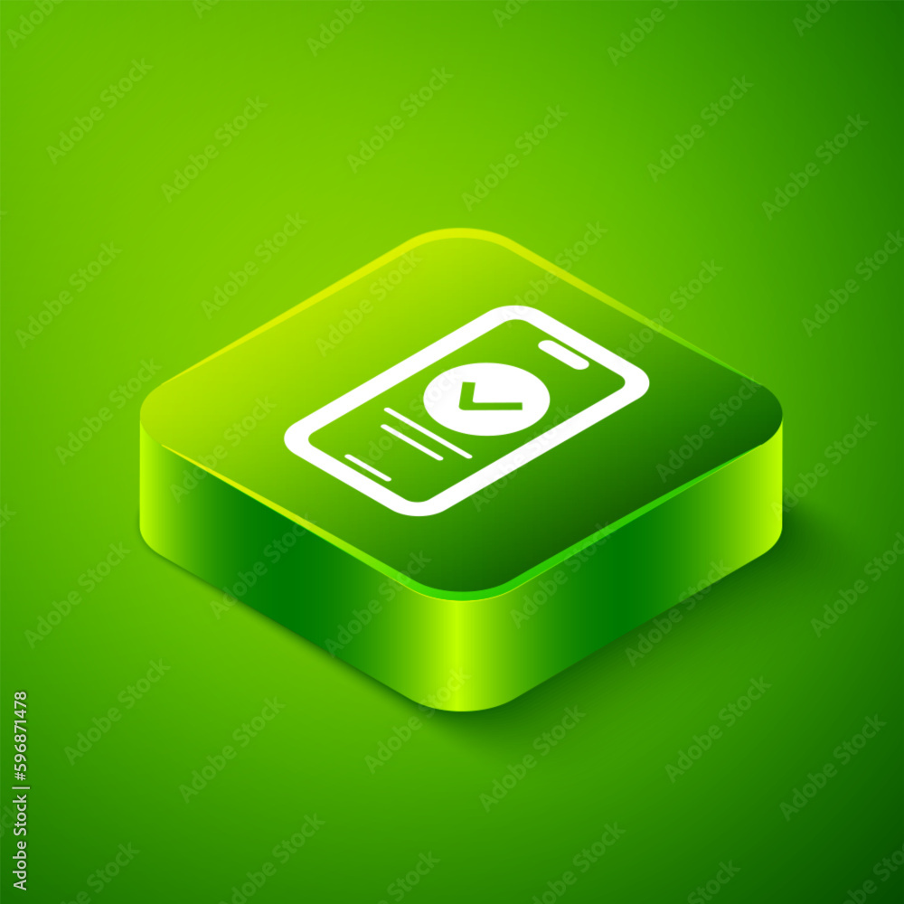 Isometric Online quiz, test, survey or checklist icon isolated on green background. Exam list. E-education concept. Green square button. Vector Isometric Online quiz, test, survey or checklist icon isolated on green background. Exam list. E-education concept. Green square button. Vector