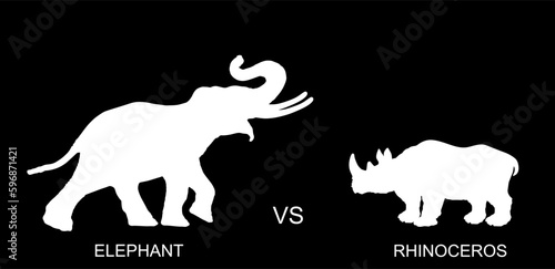 Elephant male against rhino vector silhouette illustration isolated on black background. African animal alert of poacher. Elephant shape shadow symbol. Safari attraction. Strong heavy opponent battle.