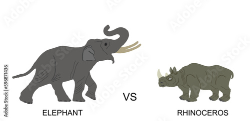 Elephant male against rhino vector illustration isolated on white background. African animal alert of poacher. Elephant symbol. Safari attraction. Strong heavy opponent battle on watering place.