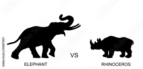 Elephant male against rhino vector silhouette illustration isolated on white background. African animal alert of poacher. Elephant shape shadow symbol. Safari attraction. Strong heavy opponent battle.