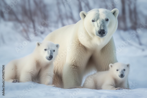 polar bear family looking at the camera, ai generated.