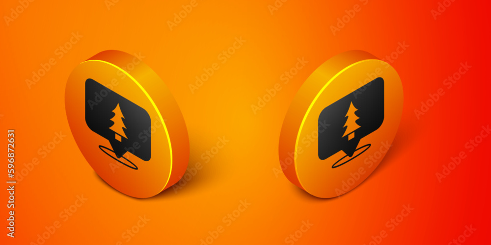 Isometric Location of the forest on a map icon isolated on orange background. Orange circle button. Vector Isometric Location of the forest on a map icon isolated on orange background. Orange circle button. Vector
