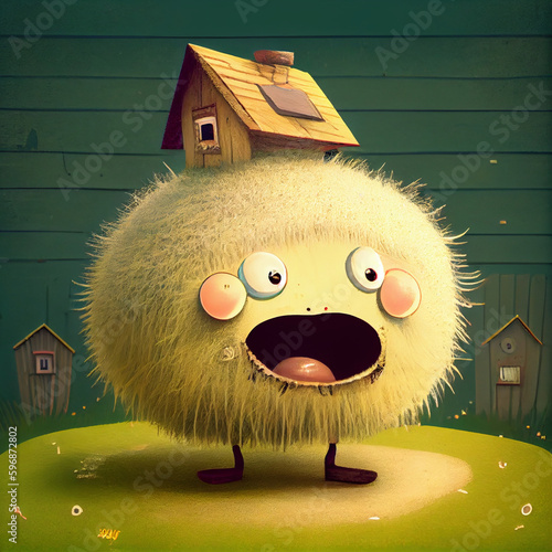 A cheerful house spirit, a small hairy round one. kawaii little monster
