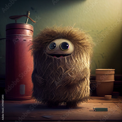 A cheerful house spirit, a small hairy round one. kawaii little monster