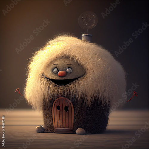 A cheerful house spirit, a small hairy round one. kawaii little monster
