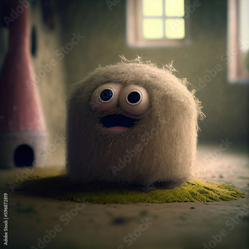 A cheerful house spirit, a small hairy round one. kawaii little monster