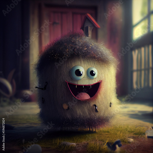 A cheerful house spirit, a small hairy round one. kawaii little monster