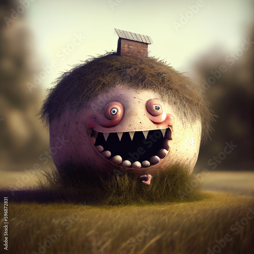 A cheerful house spirit, a small hairy round one. kawaii little monster