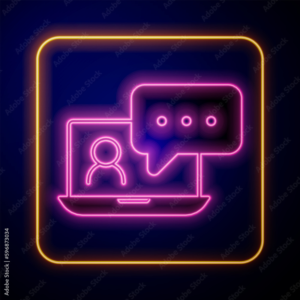 Glowing neon Video chat conference icon isolated on black background. Online meeting work form home. Remote project management. Vector Glowing neon Video chat conference icon isolated on black background. Online meeting work form home. Remote project management. Vector