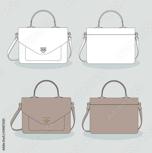 Accessory design black and white flat sketch of a small leather handbag for women. color template of the technical drawing of a beige women's bag made of leather