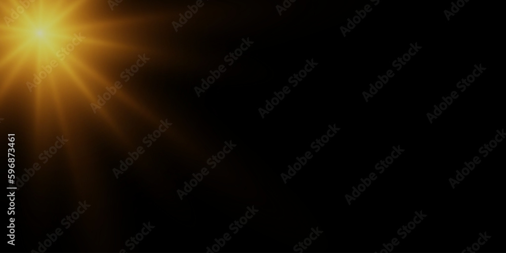 Golden light beam or sunbeam vector background. Abstract neon golden light flare spotlight background with sunlight background