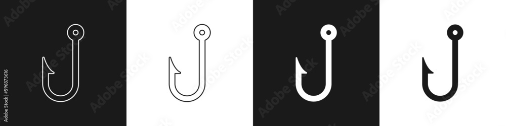 Set Fishing hook icon isolated on black and white background. Fishing tackle. Vector Set Fishing hook icon isolated on black and white background. Fishing tackle. Vector