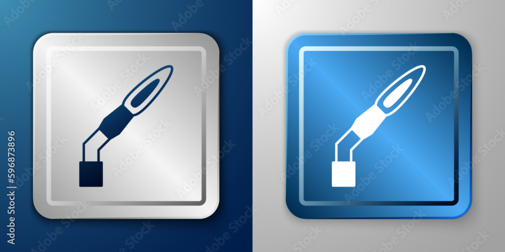 White Welding torch icon isolated on blue and grey background. Silver and blue square button. Vector White Welding torch icon isolated on blue and grey background. Silver and blue square button. Vector