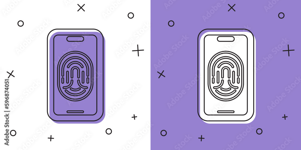 Set Smartphone with fingerprint scanner icon isolated on white and purple background. Concept of security, personal access via finger on mobile. Vector Set Smartphone with fingerprint scanner icon isolated on white and purple background. Concept of security, personal access via finger on mobile. Vector