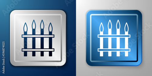 White Classic iron fence with metal pillars icon isolated on blue and grey background. Ancient wrought iron fence. Silver and blue square button. Vector