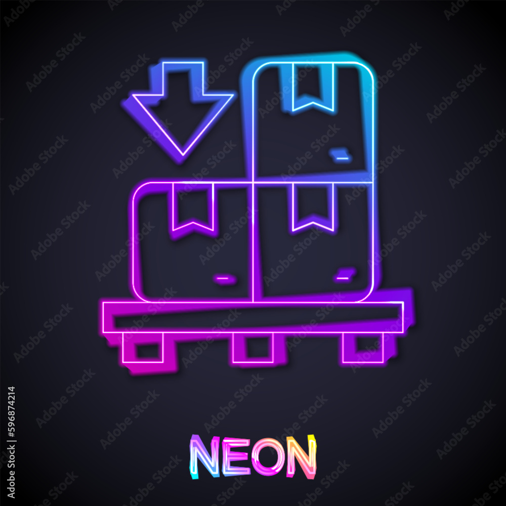 Glowing neon line Cardboard boxes on pallet icon isolated on black background. Closed carton delivery packaging box with fragile signs. Vector Glowing neon line Cardboard boxes on pallet icon isolated on black background. Closed carton delivery packaging box with fragile signs. Vector