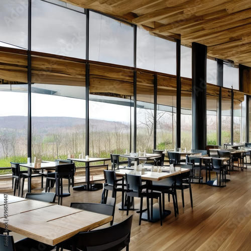 Restaurant Interior with scenic view outside the windows, Generative AI photo