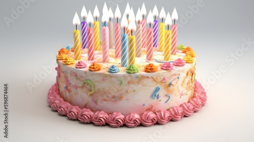 isolated birthday cake with burning candles, generative ai