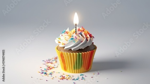 isolated cupcake with burning candle, generative ai