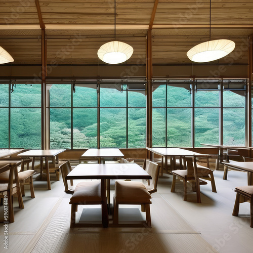 Restaurant Interior with scenic view outside the windows, Generative AI photo